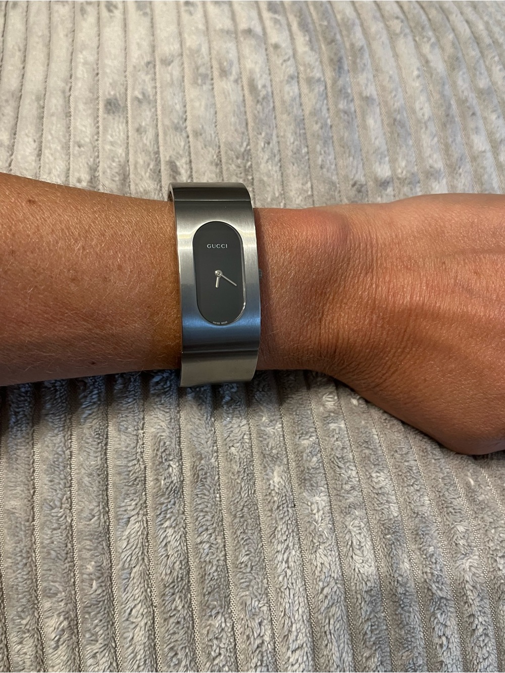 Gucci Silver Bangle Watch with Black Oval Dial